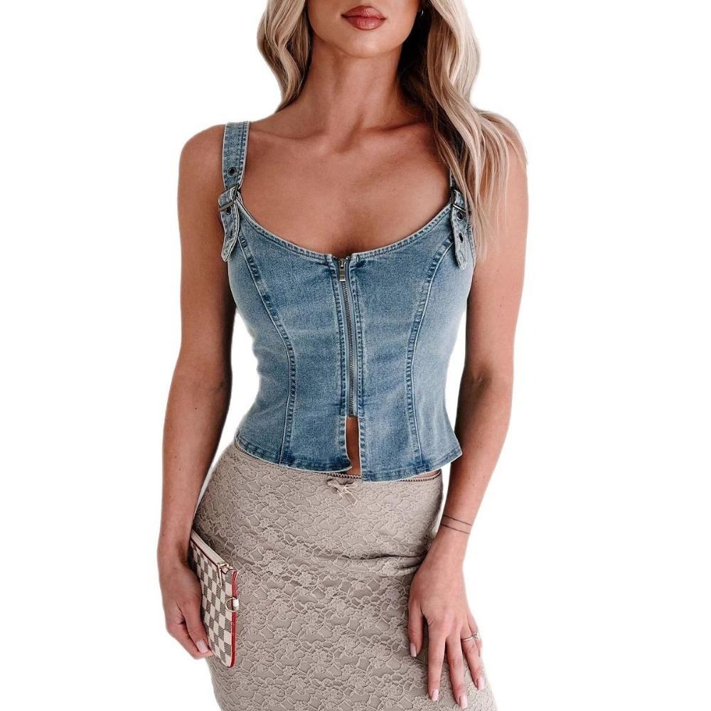 Women's Spring/Summer 2025 Denim Cardigan Top,  Adjustable Strap Sleeveless Zip Up Vest Jean Crop Strappy Top Casual Comfy Outdoor Womenswear