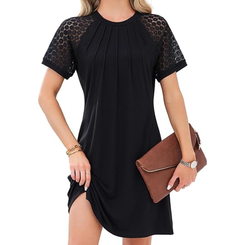 2025春夏外贸欧美亚马逊跨境纯色镂空花边短袖圆领压皱连衣裙女上