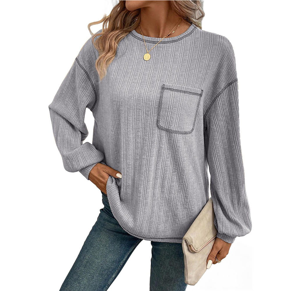 Women's Soft Brushed Waffle Knit Tee - Textured Long Sleeve Crewneck Pullover Top Solid Color Loose Fit with Pockets, Cozy Fall Layering Essential Versatile Cottagecore Style Casual Comfort Wear