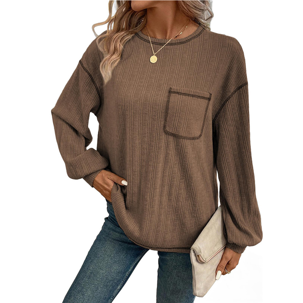 Women's Soft Brushed Waffle Knit Tee - Textured Long Sleeve Crewneck Pullover Top Solid Color Loose Fit with Pockets, Cozy Fall Layering Essential Versatile Cottagecore Style Casual Comfort Wear