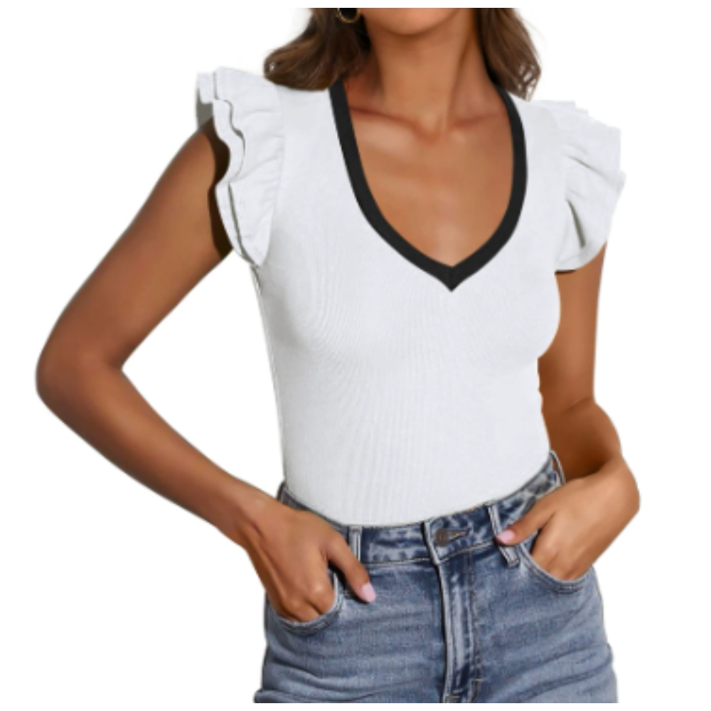 Womens V Neck Summer Tops Ruffle Sleeveless Slim Fit T Shirts Going Out Casual Blouses 2025