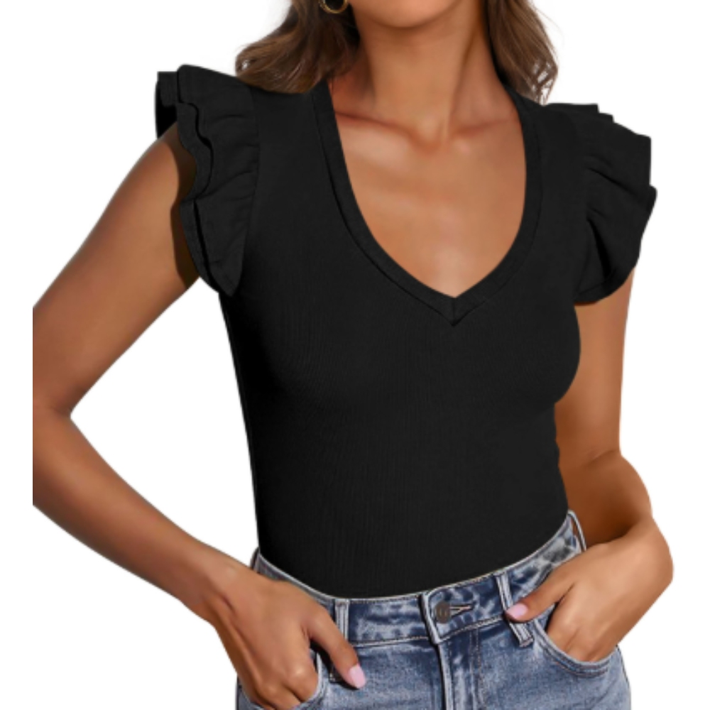 女性 V 领夏季上衣 裙边无袖修身 T 恤 出门休闲上衣 2025 年款