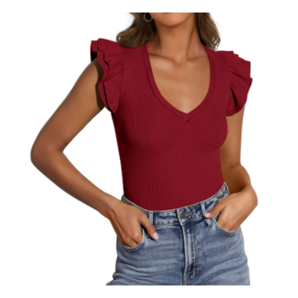 Womens V Neck Summer Tops Ruffle Sleeveless Slim Fit T Shirts Going Out Casual Blouses 2025