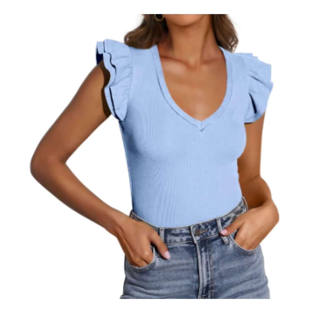 Womens V Neck Summer Tops Ruffle Sleeveless Slim Fit T Shirts Going Out Casual Blouses 2025
