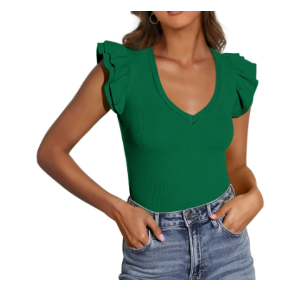 Womens V Neck Summer Tops Ruffle Sleeveless Slim Fit T Shirts Going Out Casual Blouses 2025