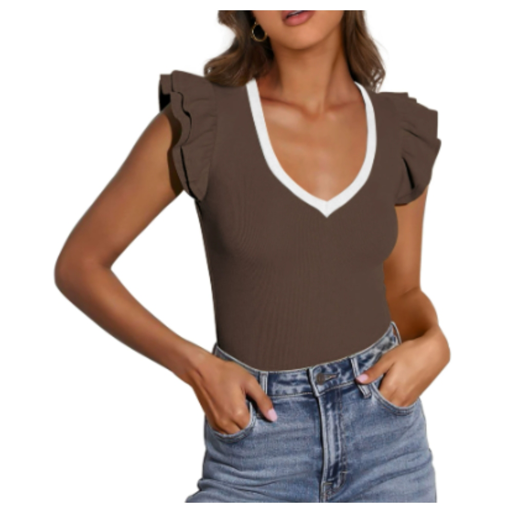 Womens V Neck Summer Tops Ruffle Sleeveless Slim Fit T Shirts Going Out Casual Blouses 2025