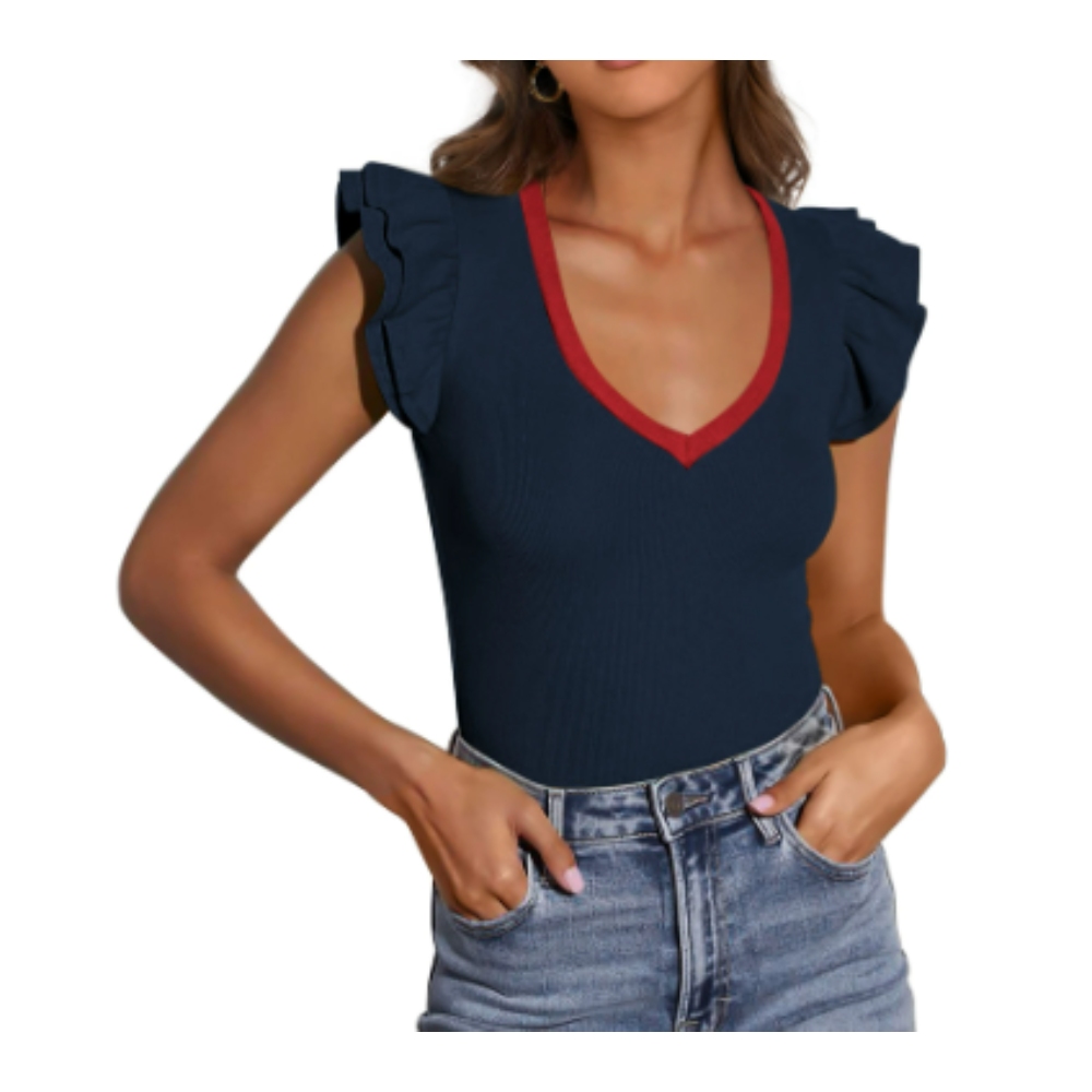 女性 V 领夏季上衣 裙边无袖修身 T 恤 出门休闲上衣 2025 年款