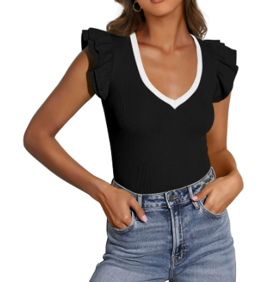 女性 V 领夏季上衣 裙边无袖修身 T 恤 出门休闲上衣 2025 年款