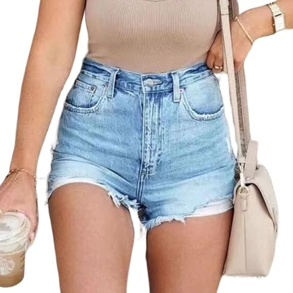 Women's Summer High Waist Ripped Denim Shorts Casual Comfort Stretch Slim Fit Jeans Shorts with Frayed Raw Hem Trendy Distressed A-line Jeans Shorts for Street Daily Outings