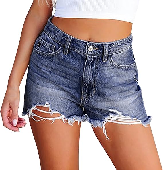 Women's High Waist Denim Shorts, Distressed Denim Shorts with Functional Pockets, Summer Trendy Comfort Casual Ripped Denim Shorts, Classic Light Wash Everyday Denim Shorts