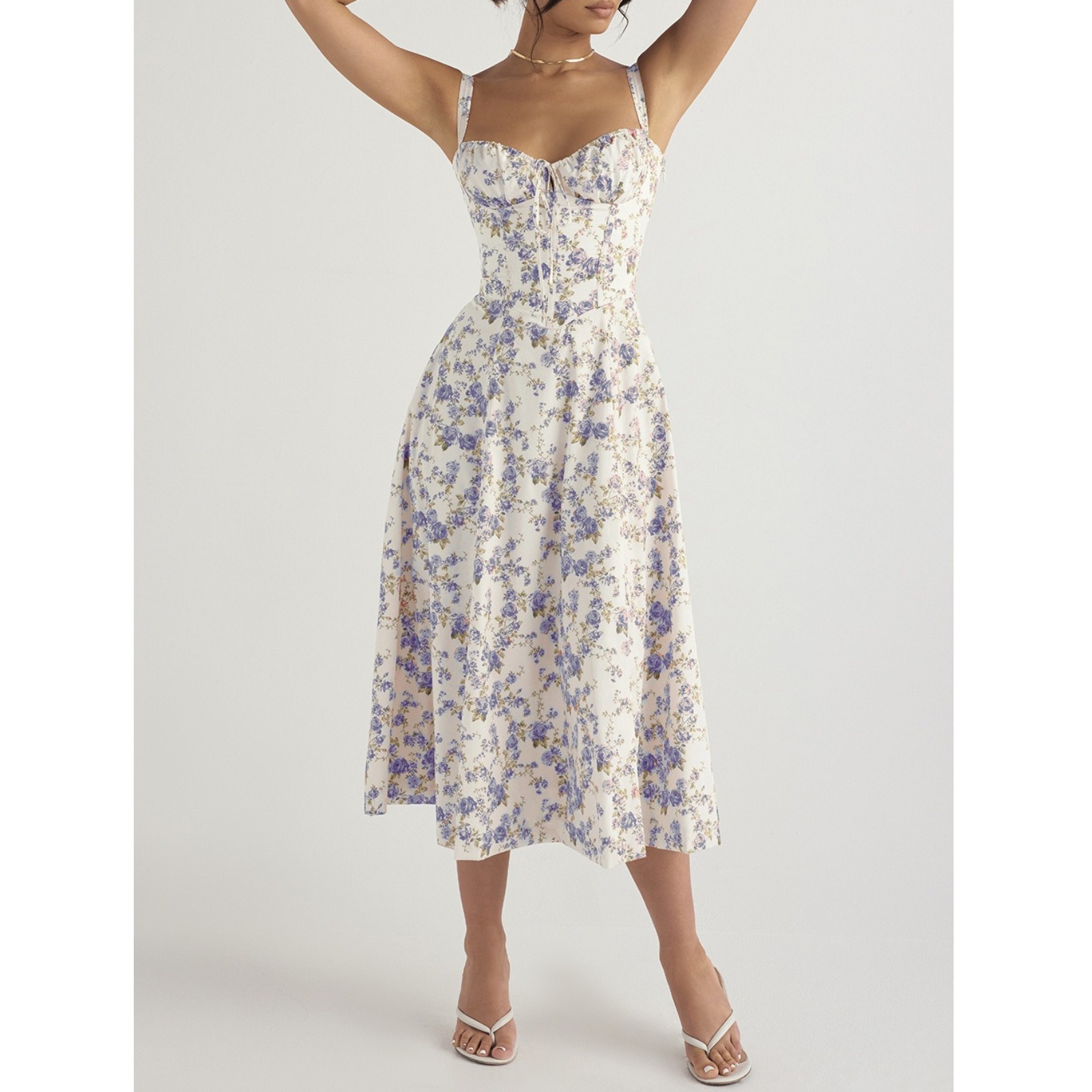 2025 Summer Women's Square Neck Lace-Up Floral Sundress Ruffled Bust Tiered Midi Dress Side Slit French Style Vacation Beach Dress