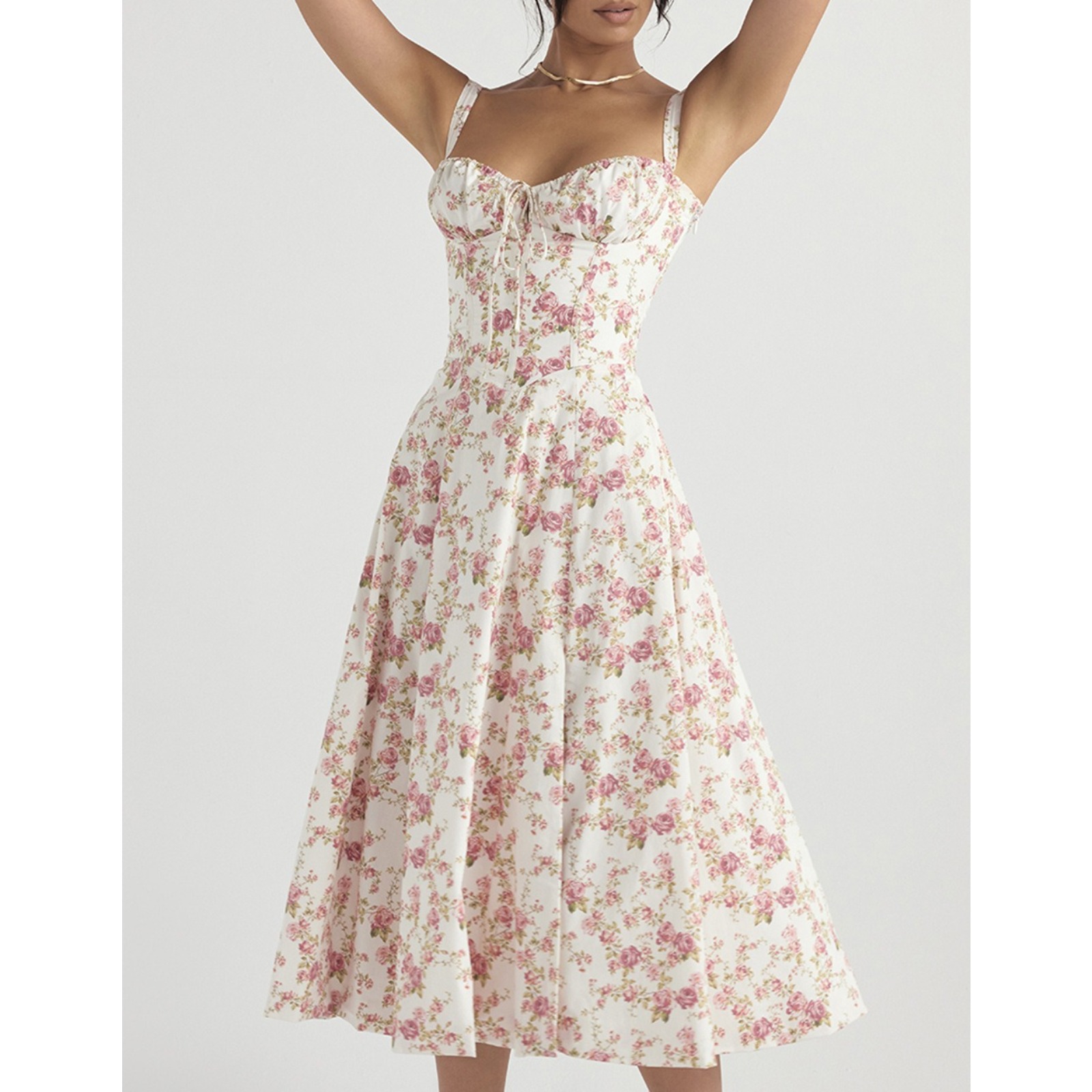 2025 Summer Women's Square Neck Lace-Up Floral Sundress Ruffled Bust Tiered Midi Dress Side Slit French Style Vacation Beach Dress