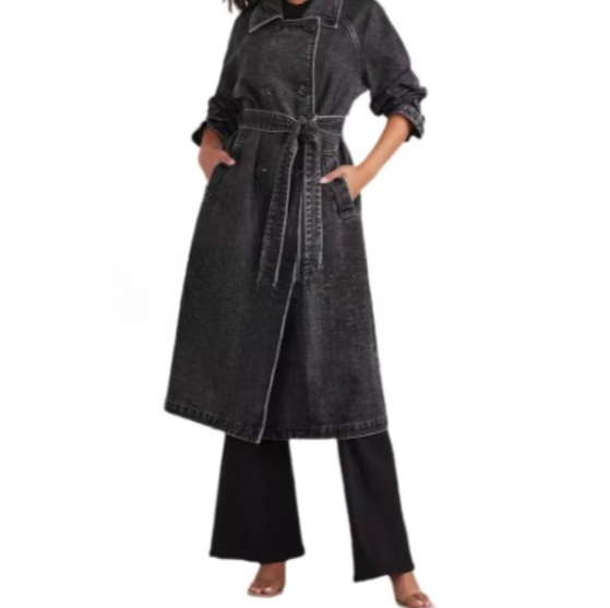 女士牛仔风衣长款双排扣牛仔中长款外套经典防水风衣翻领长款夹克配腰带