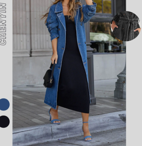 女士牛仔风衣长款双排扣牛仔中长款外套经典防水风衣翻领长款夹克配腰带