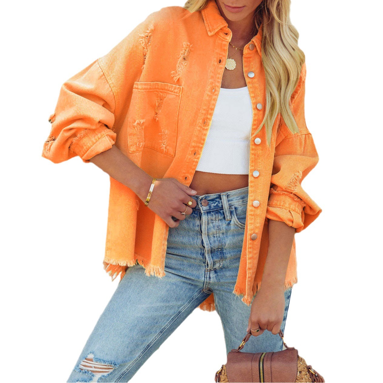 Women's Relaxed Fit Distressed Denim Jacket, Retro Wash Ripped Fringe Long Sleeve Denim Shacket, Raw Hem Casual Oversized Jean Jacket Layer for Day to Night 