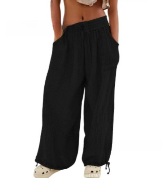 Womens Casual Loose Fit Wide Leg Cotton Pants Drawstring Stitching Baggy Pants Trousers with Pockets