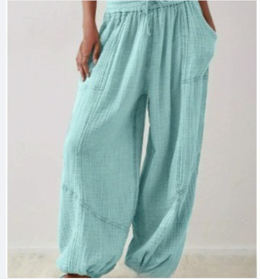 女士休闲宽松版阔腿棉质长裤 缎带缝制的宽松裤装 迷你裤装 带口袋的宽松长裤