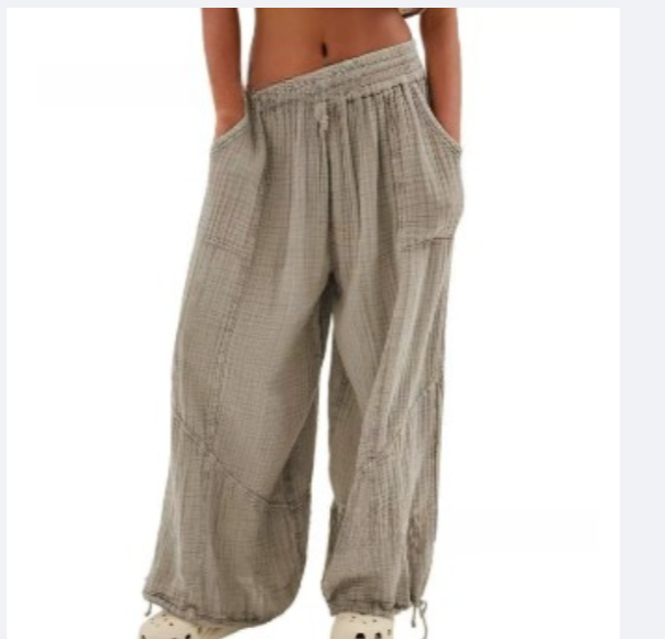 女士休闲宽松版阔腿棉质长裤 缎带缝制的宽松裤装 迷你裤装 带口袋的宽松长裤