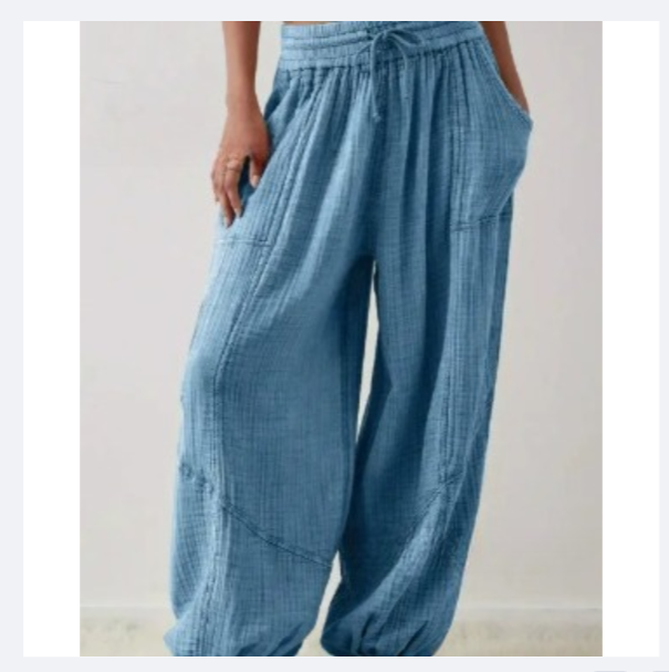 Womens Casual Loose Fit Wide Leg Cotton Pants Drawstring Stitching Baggy Pants Trousers with Pockets