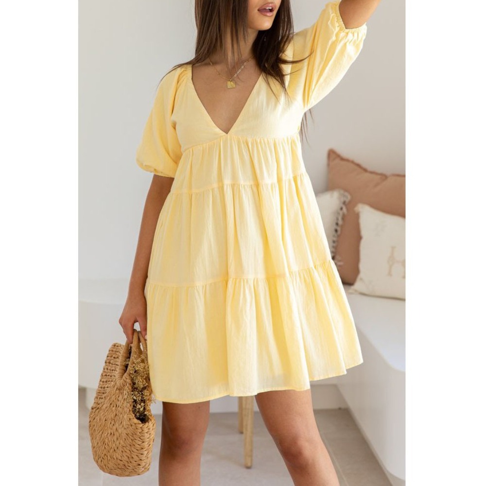 Women's Summer New Solid Color Casual V Neck Loose Waist Puff Sleeve Short Swing Dress