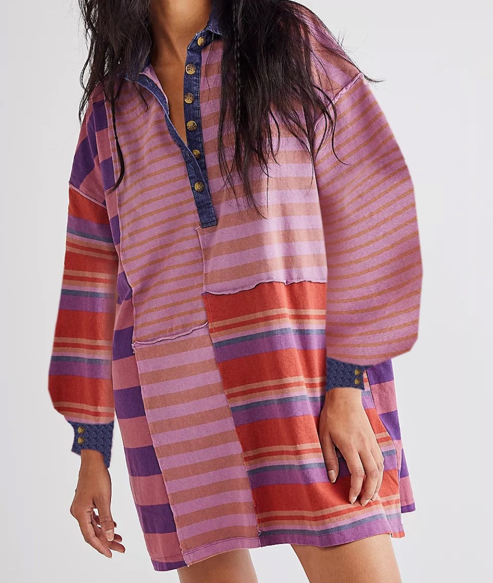 女装长袖翻领撞色条纹裙子宽松休闲连衣裙女