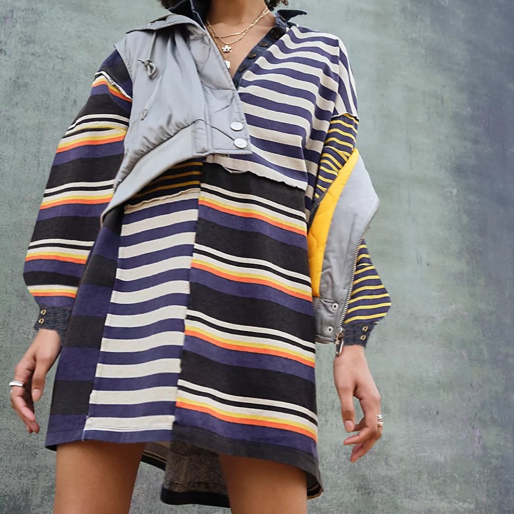 Women's Long Sleeve Lapel Contrast Color Stripe Loose Casual Dress