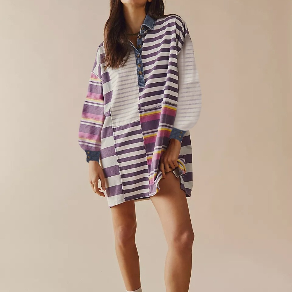 女装长袖翻领撞色条纹裙子宽松休闲连衣裙女