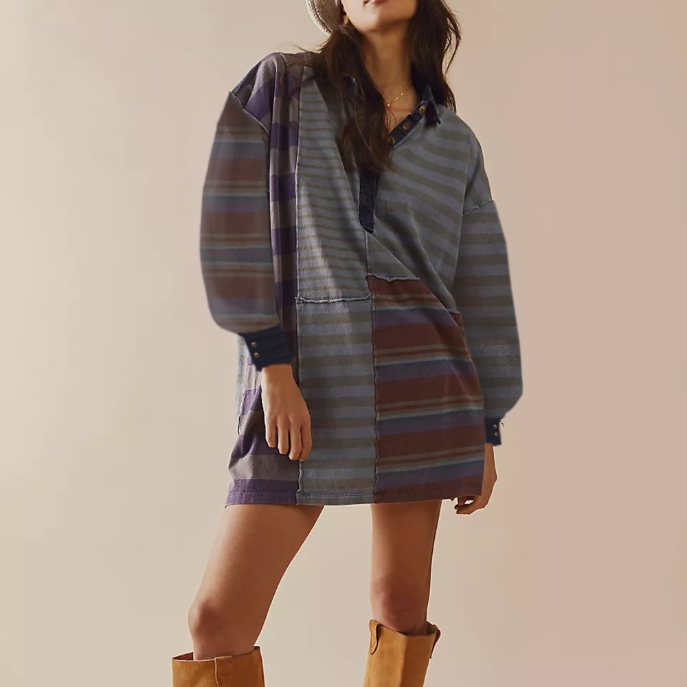 女装长袖翻领撞色条纹裙子宽松休闲连衣裙女