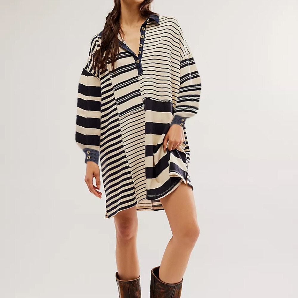 女装长袖翻领撞色条纹裙子宽松休闲连衣裙女