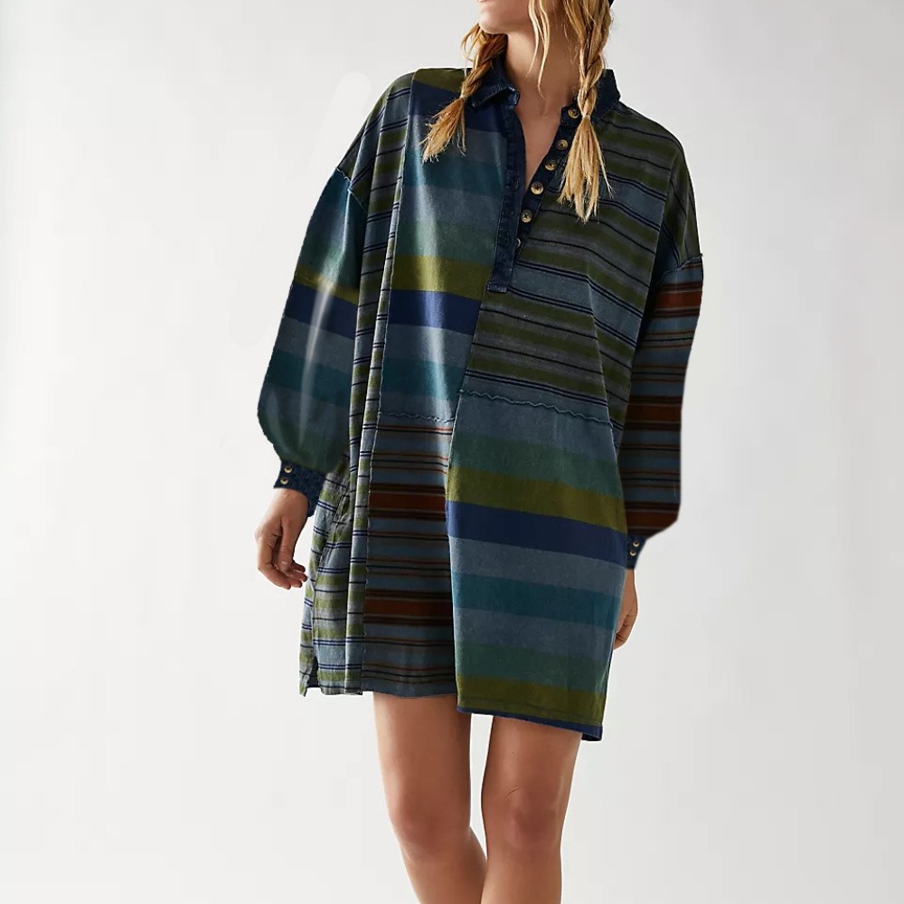 女装长袖翻领撞色条纹裙子宽松休闲连衣裙女