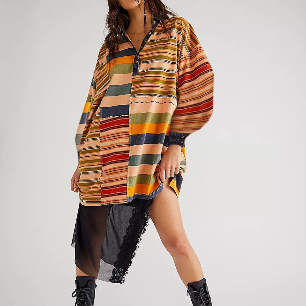 女装长袖翻领撞色条纹裙子宽松休闲连衣裙女