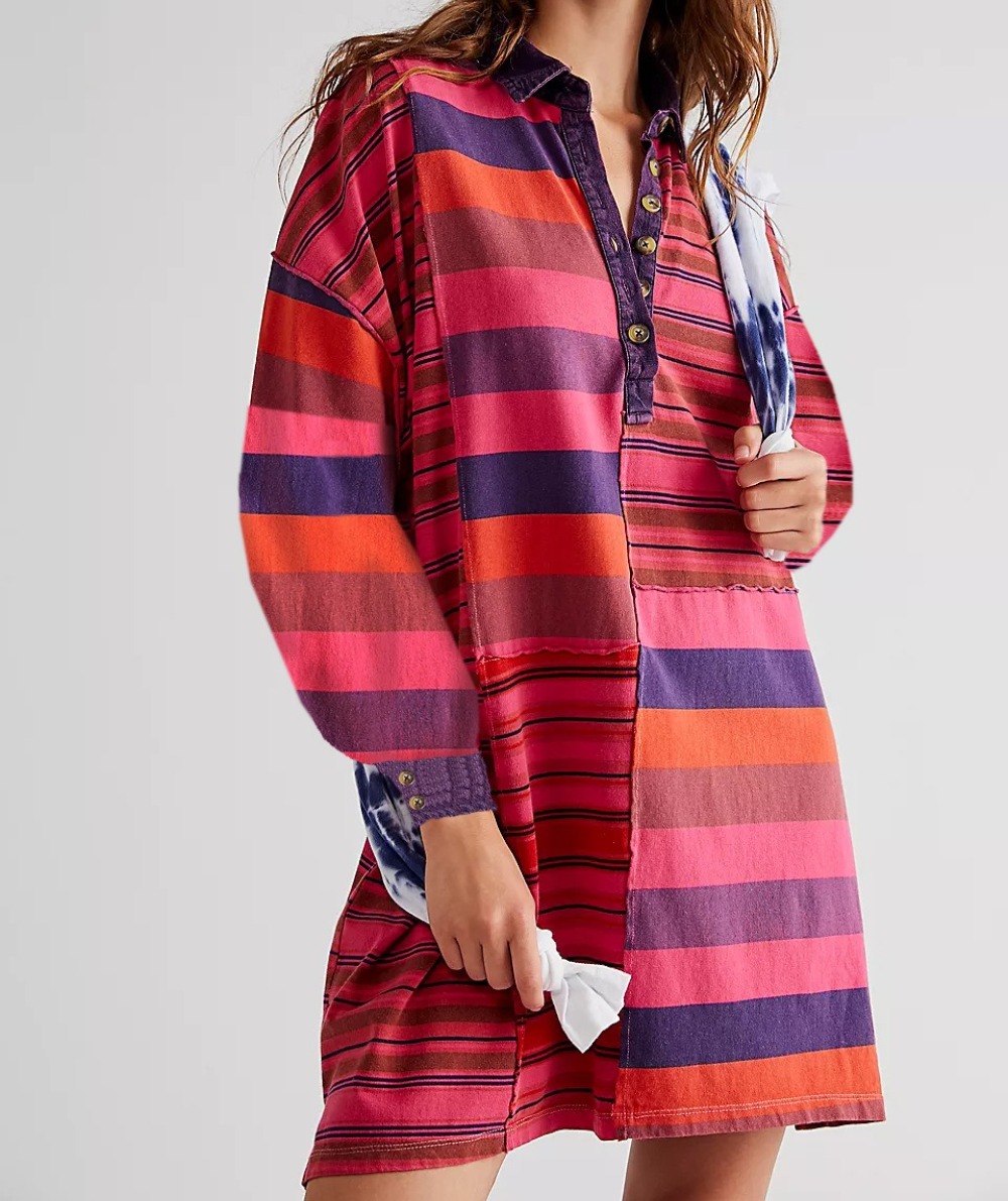 女装长袖翻领撞色条纹裙子宽松休闲连衣裙女