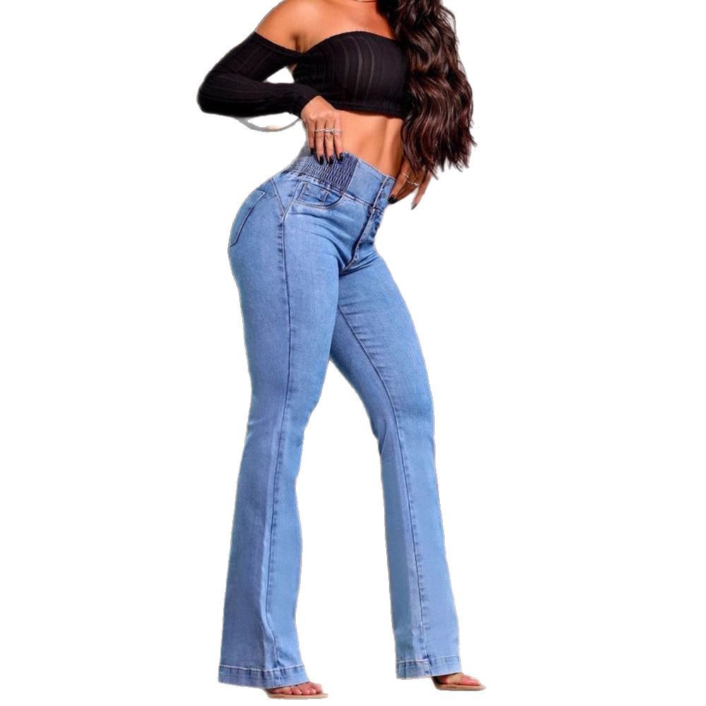 Women's Slim Fit Flare Jeans Tummy Control Pleated High Rise Stretch Bootcut Jeans Button Fly Bell Bottom Butt Lifting Denim Pants for Office to Lounge Transition 