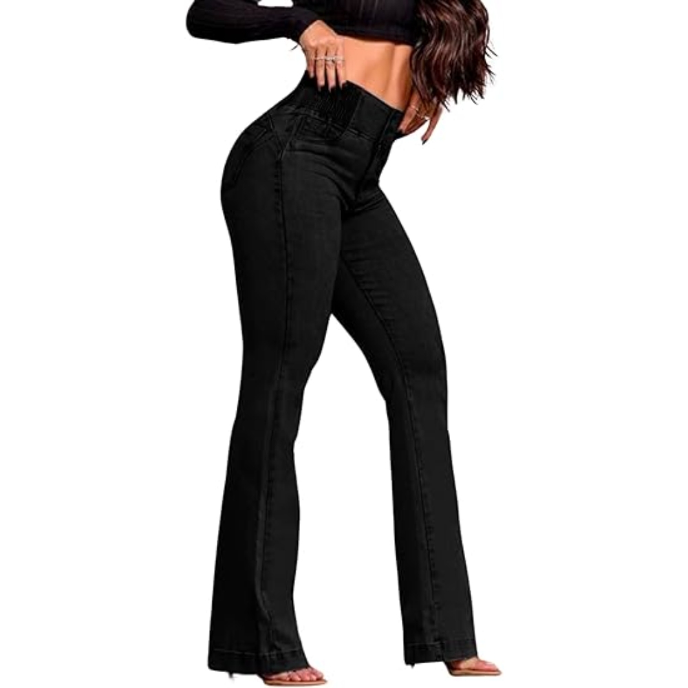 亚马逊速卖通2025欧美跨境松紧腰头高腰弹力修身微喇提臀牛仔长裤