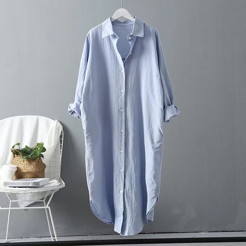 Solid Color Summer New Women's Breathable Soft Comfortable Fashion Linen Cotton Loose Pocket Mid-Length Shirt Dress