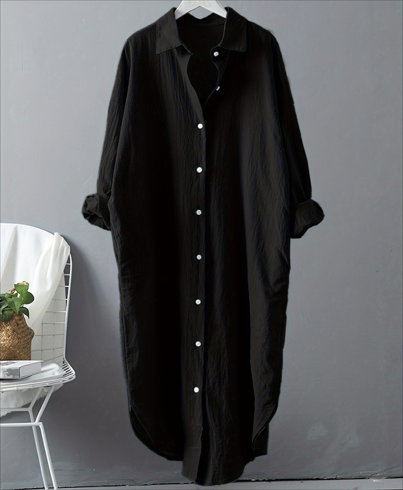 纯色夏季新款透气柔软舒适时尚衬衫女棉麻宽松口袋中长款衬衫裙