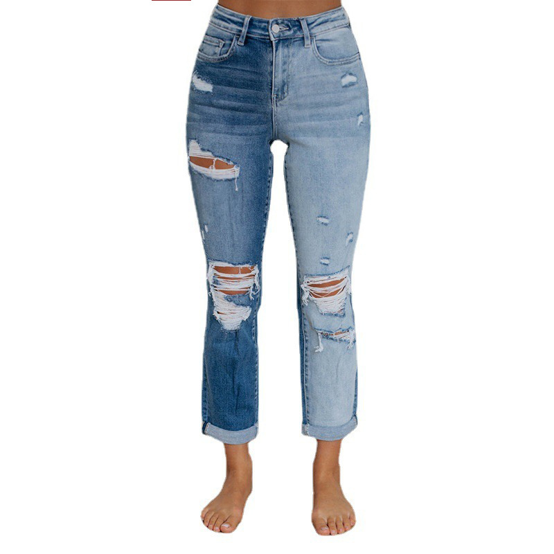 Women's Trendy High-Waisted Straight Leg Ripped Jeans - Washed Gradient Frayed Distressed Denim Pants Retro Skinny Jeans for Street, Daily Wear & Weekend Outings