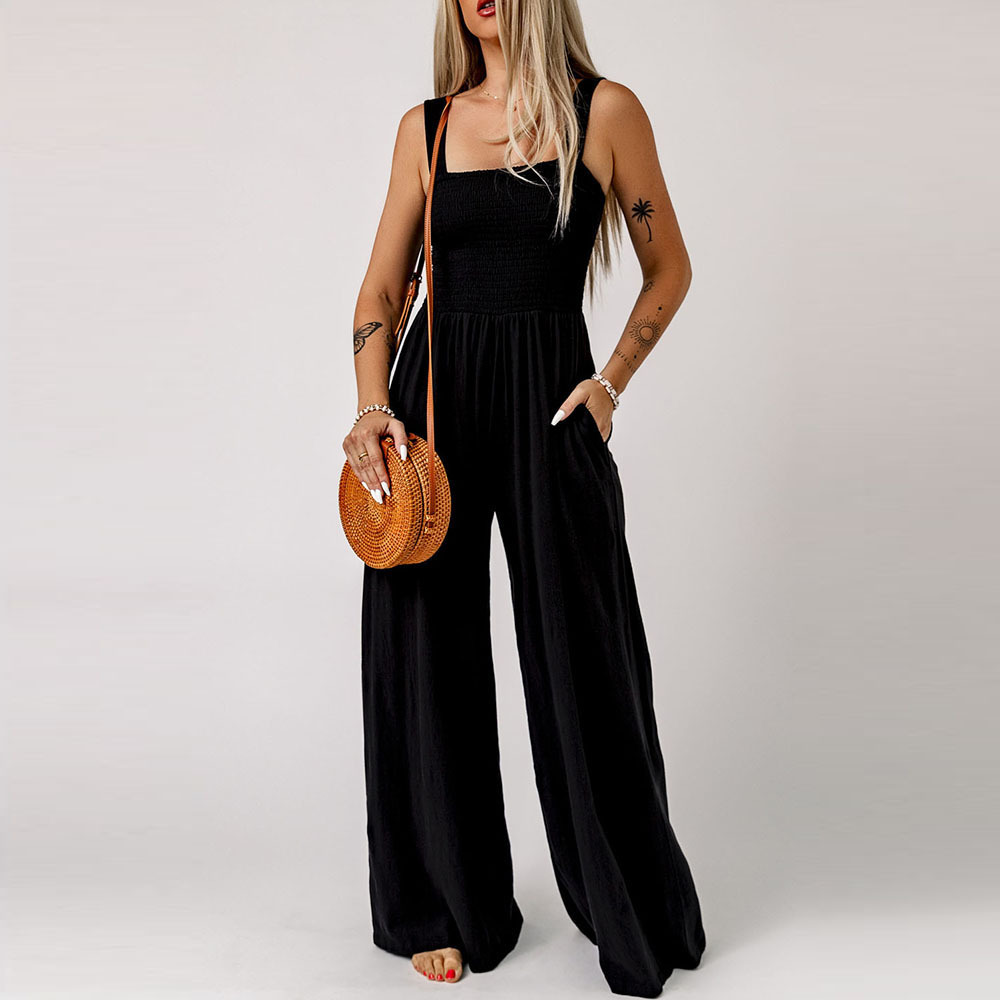 Summer New Women's Simple High-Waist Knit Comfortable Breathable Off-Shoulder Wide Strap Wide Leg Pants Solid Color Jumpsuit