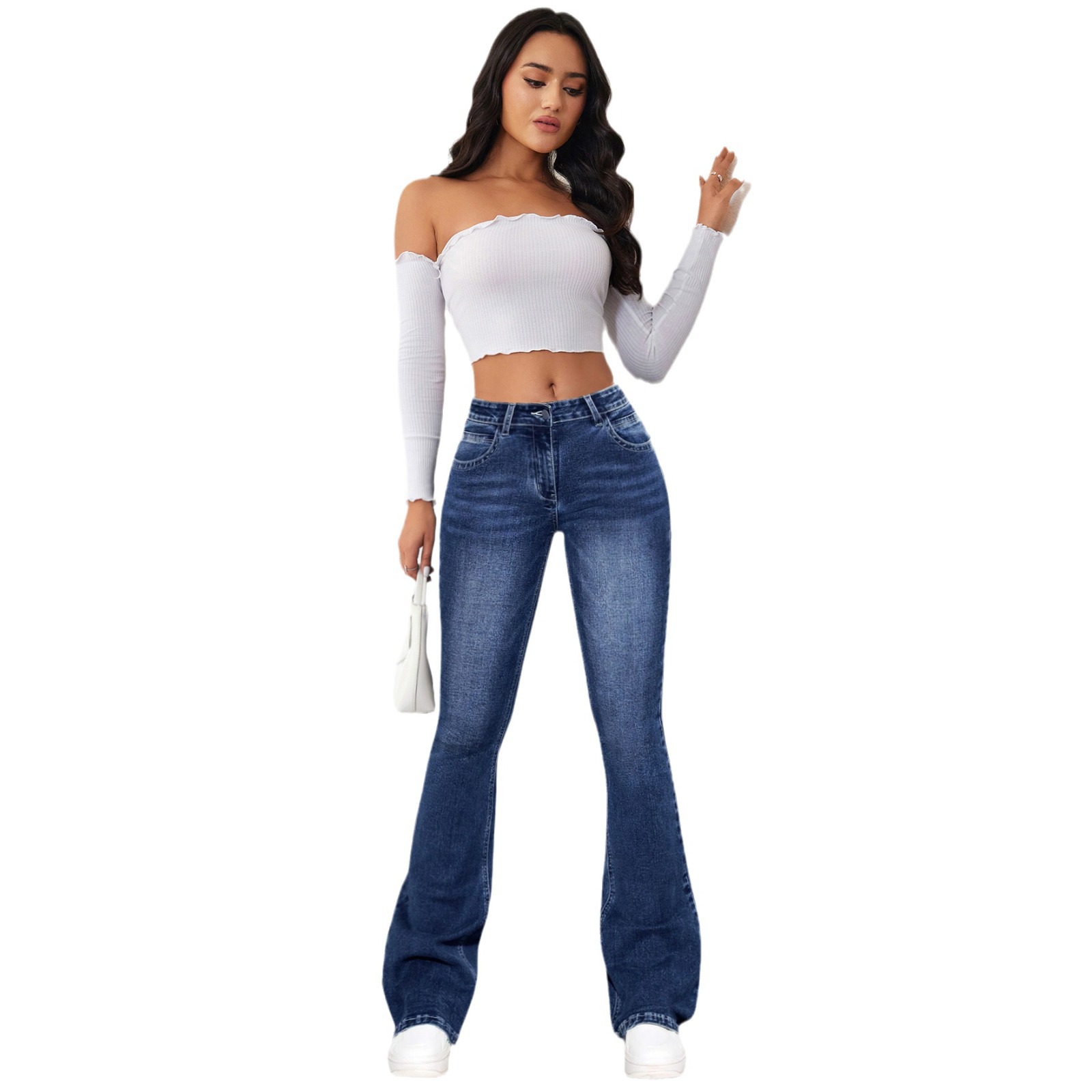 Women's Casual Dark Wash Bootcut Jeans Mid Waisted Flare Bell Bottom Jeans Stretchy Slim Fit Denim Pants for Work to Weekend, Classic Denim with Pockets