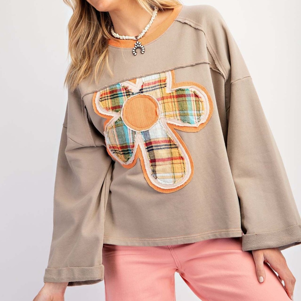 New Women's Color Block Flower Patch Top Casual Loose Fit Sweatshirt