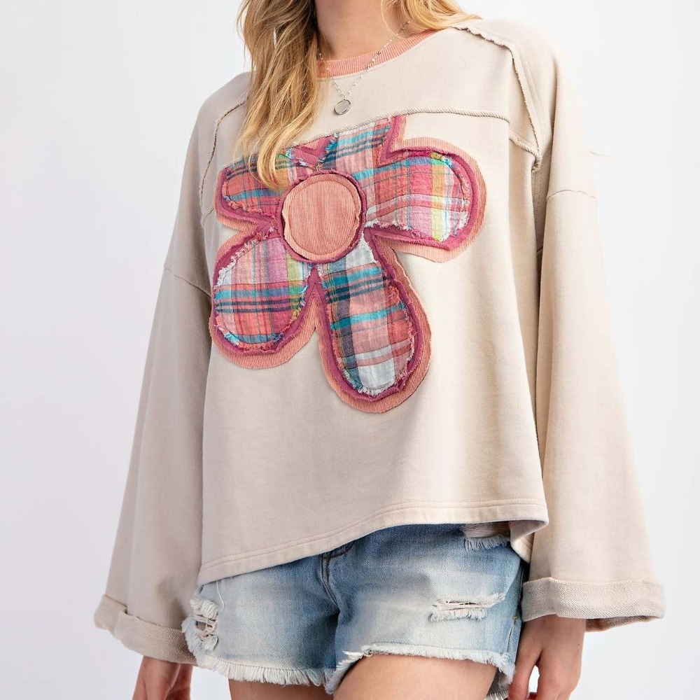 新款女装拼色花朵贴布上衣休闲宽松卫衣女