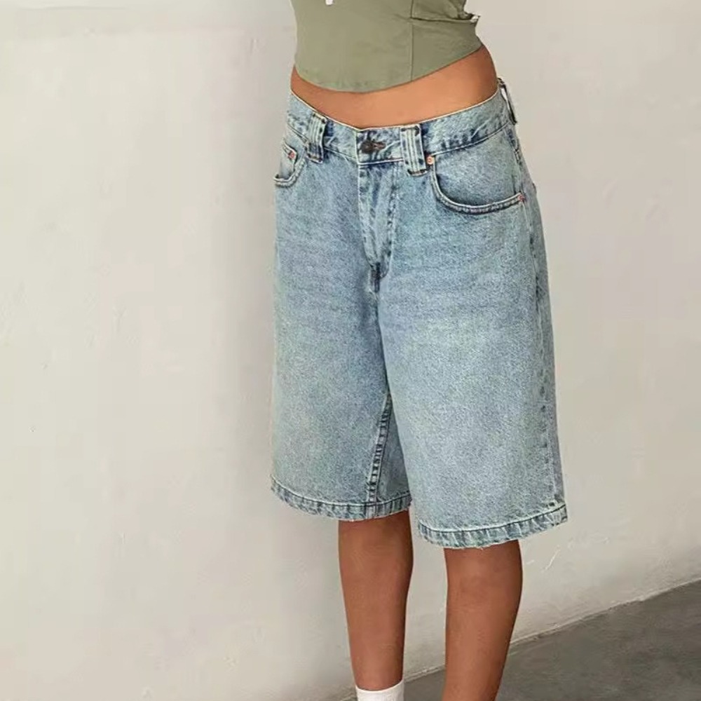 New Summer Women's Denim Knee Length Shorts with Pockets Casual Fashion Denim Bottoms