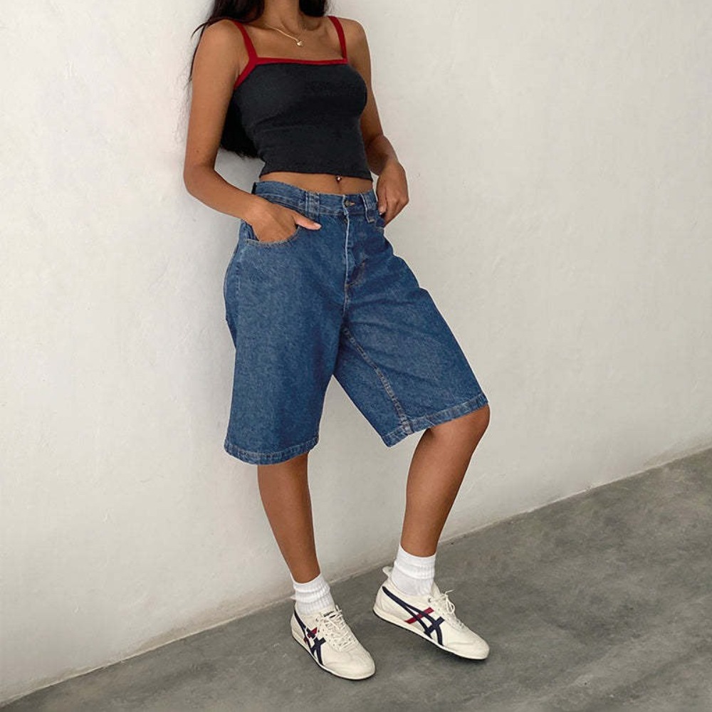 New Summer Women's Denim Knee Length Shorts with Pockets Casual Fashion Denim Bottoms