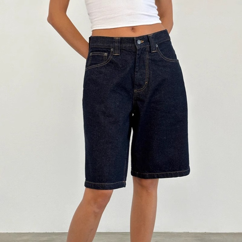 New Summer Women's Denim Knee Length Shorts with Pockets Casual Fashion Denim Bottoms