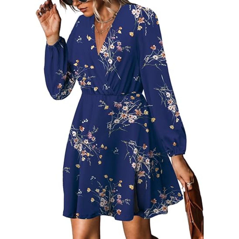 亚马逊 wish 跨境爆款热销连衣裙V 领优雅雪纺印花碎花春季透视裙