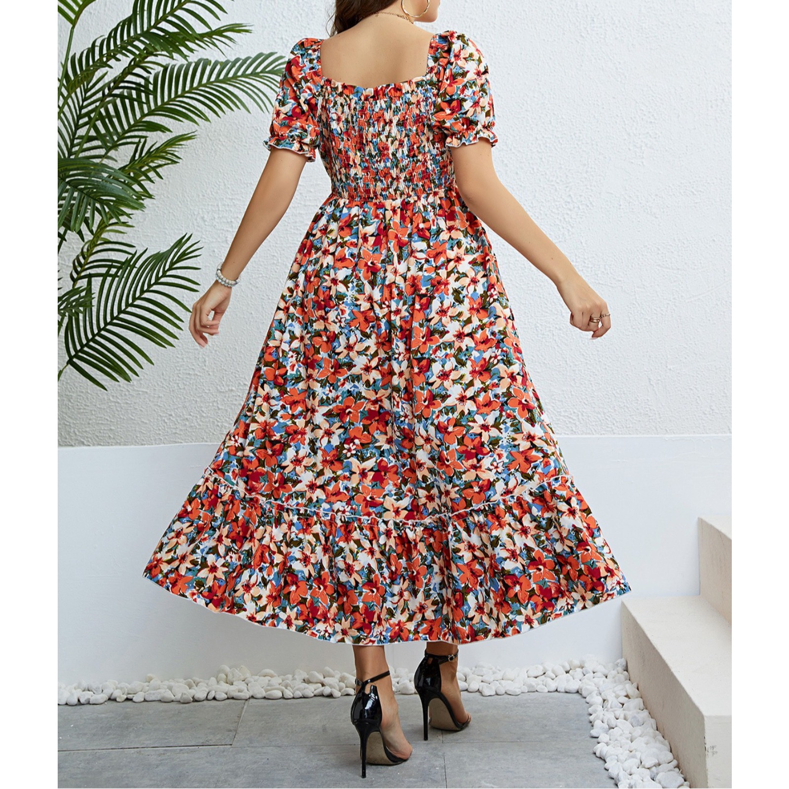 夏季碎花一字肩收腰显瘦连衣裙大码女装