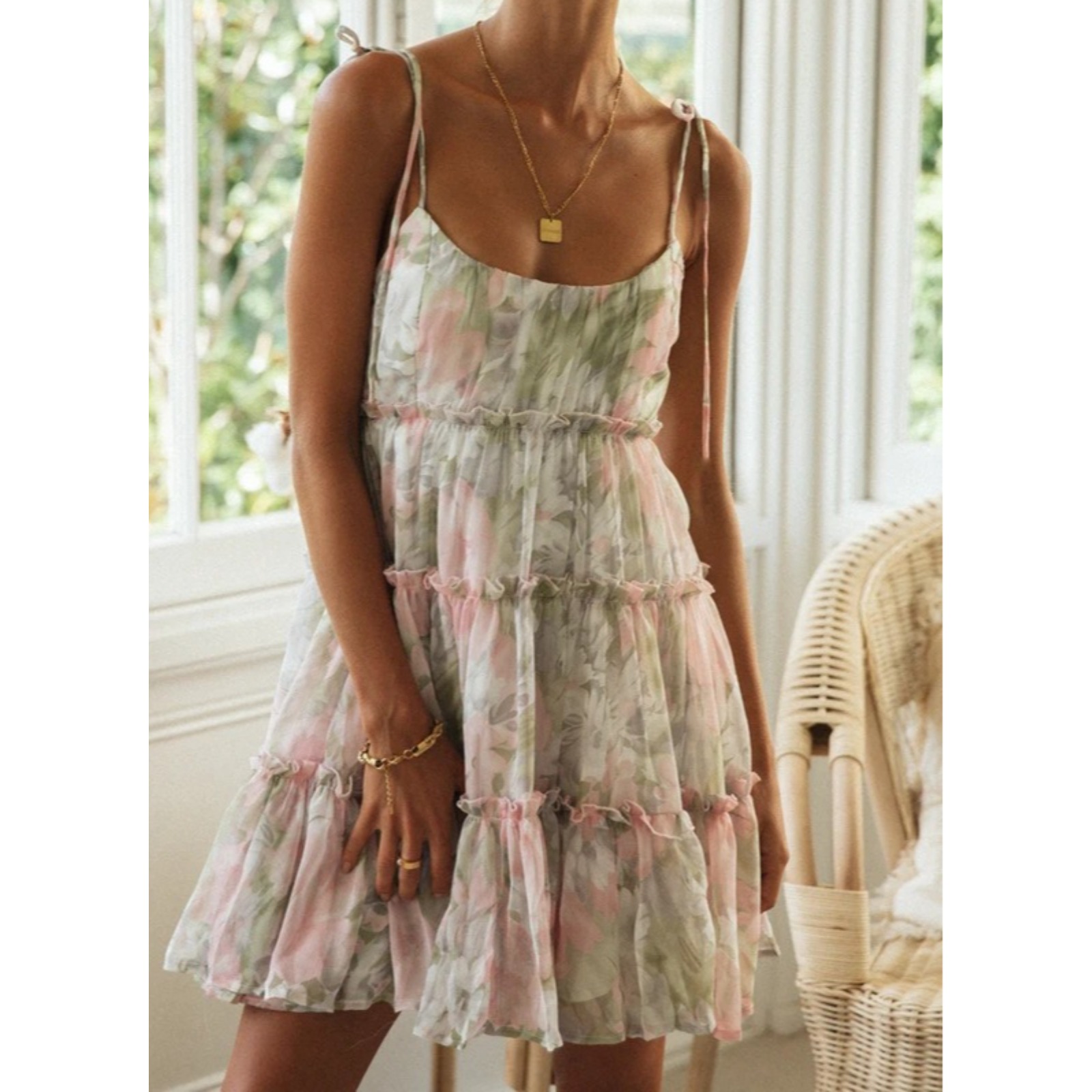 2025 Summer Women's Square Neck Floral Print Tiered Ruffle Dress Adjustable Spaghetti Strap Lined Sundress French Style Beach Vacation Maxi Dress