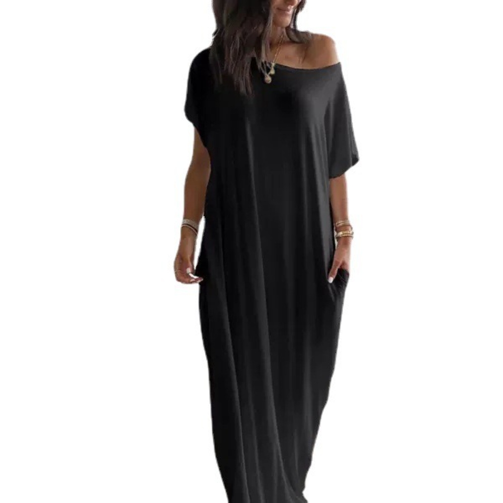 Women's Summer Solid Color Short Batwing Sleeve Lounge Dress Casual Loose Off The Shoulder Maxi Tshirt Dress Breathable Soft Beach Long Dress with Pockets, Comfy Baggy Nightdress for Daily Wear