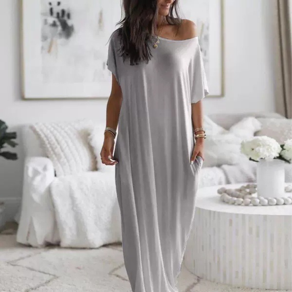 Women's Summer Solid Color Short Batwing Sleeve Lounge Dress Casual Loose Off The Shoulder Maxi Tshirt Dress Breathable Soft Beach Long Dress with Pockets, Comfy Baggy Nightdress for Daily Wear