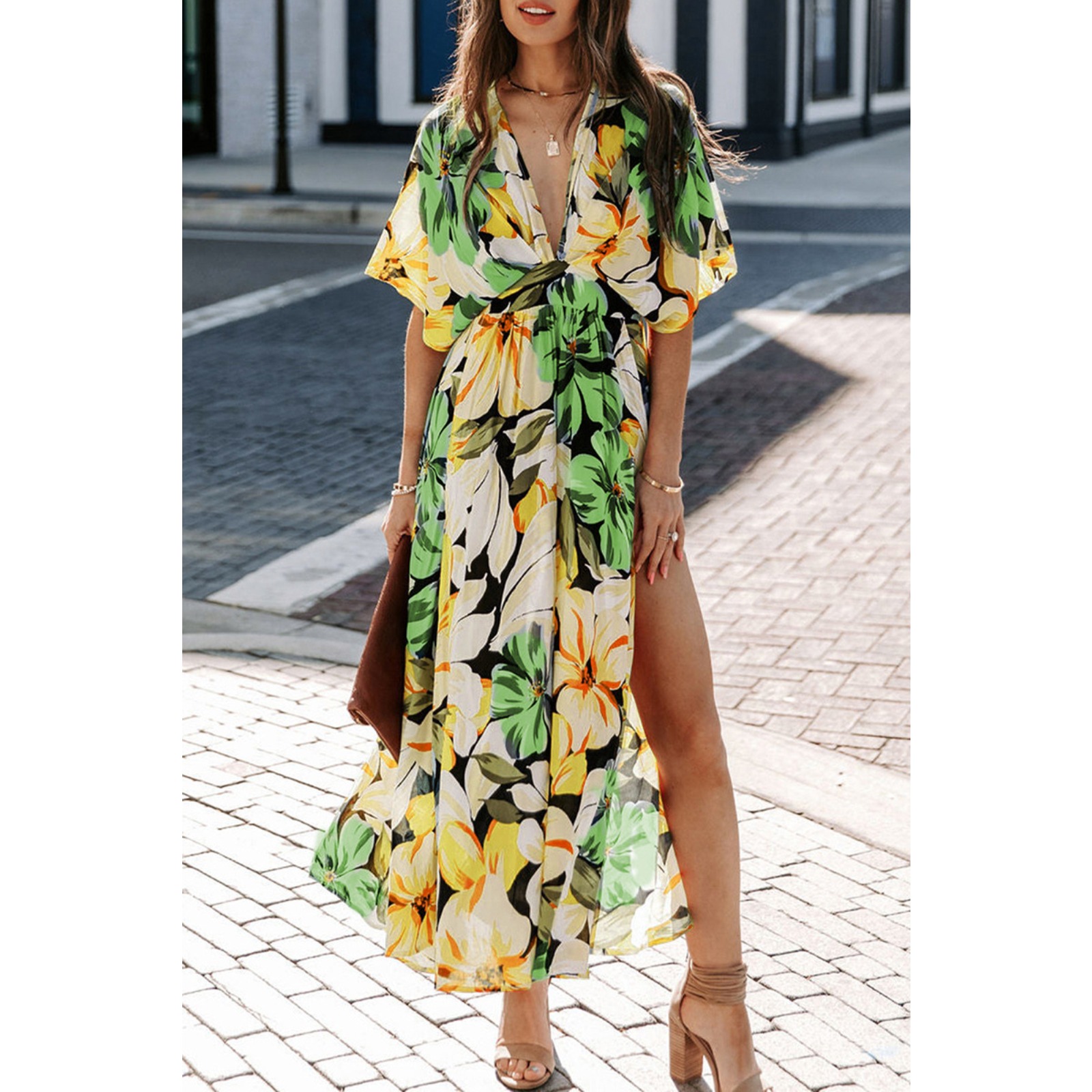 2025 Summer Women's High Waist V-Neck Floral Print Side Slit Casual Dress Sexy Short Sleeve Vacation Beach Sundress